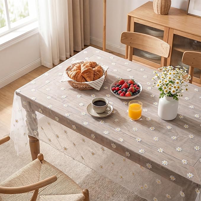 Horaldaily White Embroidery Daisy Spring Summer Gauze Tablecloth 60×120 Inch Rectangular, Seasonal Tulle Table Cover, Garden Party Decorations for Wedding, Party, Holiday Dining