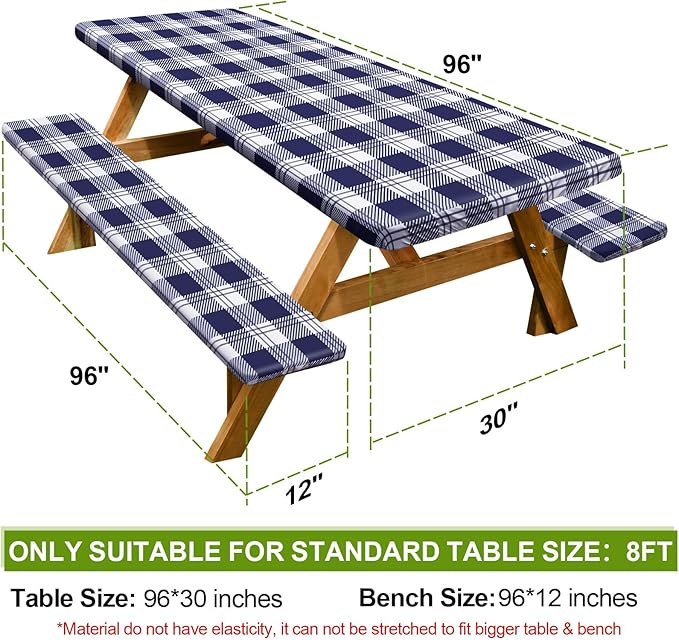 Play Tailor Picnic Table Cover with Bench Covers Camping Essentials Waterproof Windproof Camping Tablecloth with Drawstring Bag, Fitted Rectangle Tables and Seats, 96in, Blue Checkered