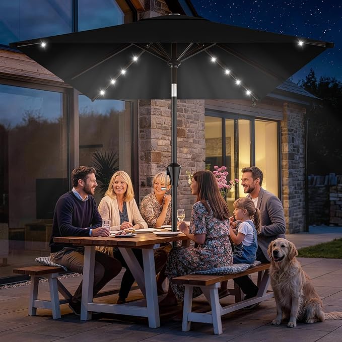 AreShark 6.5' x 10' Rectangular Patio Umbrella with Solar Lights, Solar Powered Lighted Market Umbrella w/Tilt and Crank, Outdoor Table Umbrella for Garden, Deck, Backyard, Pool and Beach, Black