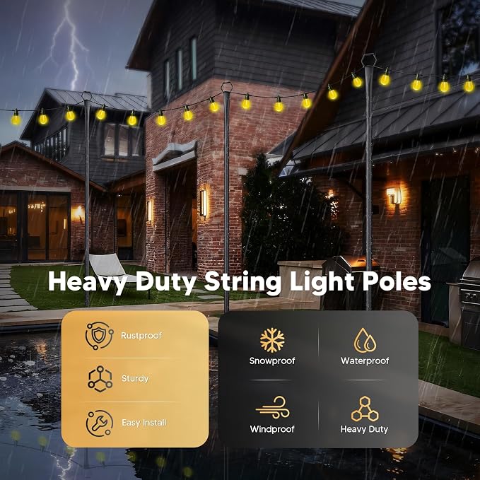 4 Pack String Light Poles for Outside, 10Ft Light Poles for Outdoor String Lights, Adjustable Outdoor String Light Poles with Fork,Metal Fence Post for Patio,Backyard,Deck