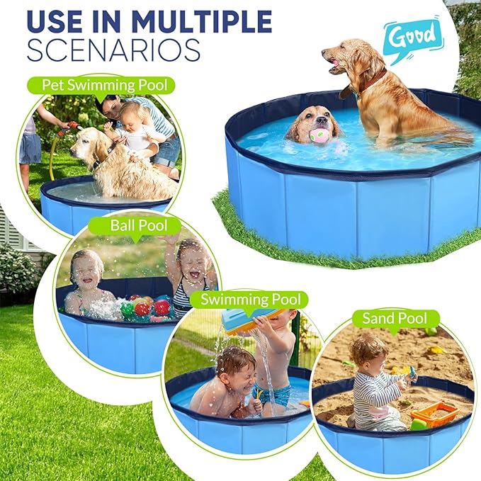 Dog Pool, Foldable Pet Swimming Pool with 6mm High-Strength PP Board, Hard Plastic Collapsible Doggy Pools for Small Dogs Kitty Duck, Non-Slip Doggie Bathtub Quick to Set Up and Drainage Hole, 63"
