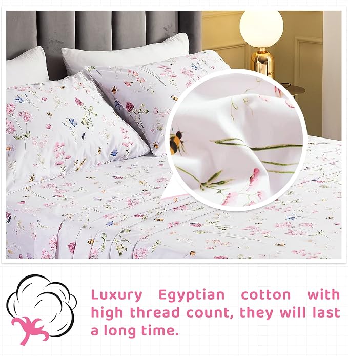 QSH Floral Bed Sheets Set King Size - Shabby Flower Bee Print Bed Sheet Set - Extra Soft and Breathable 100% Egyptian Cotton - 4 pcs King Size Sheets with Deep Pockets Flower Bed Sheets