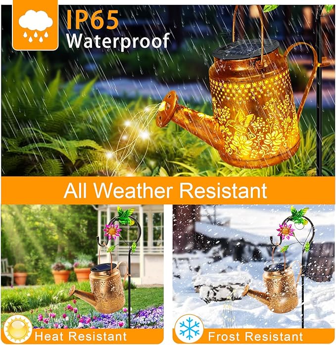 Solar Hummingbird Flowers Watering Can Lights, Gifts for Mom Grandma Women Wife Daughter Mother's Day, Waterproof Outdoor Garden Decor with Shepherd Hook, Hanging Lights for Yard Porch Backyard Patio