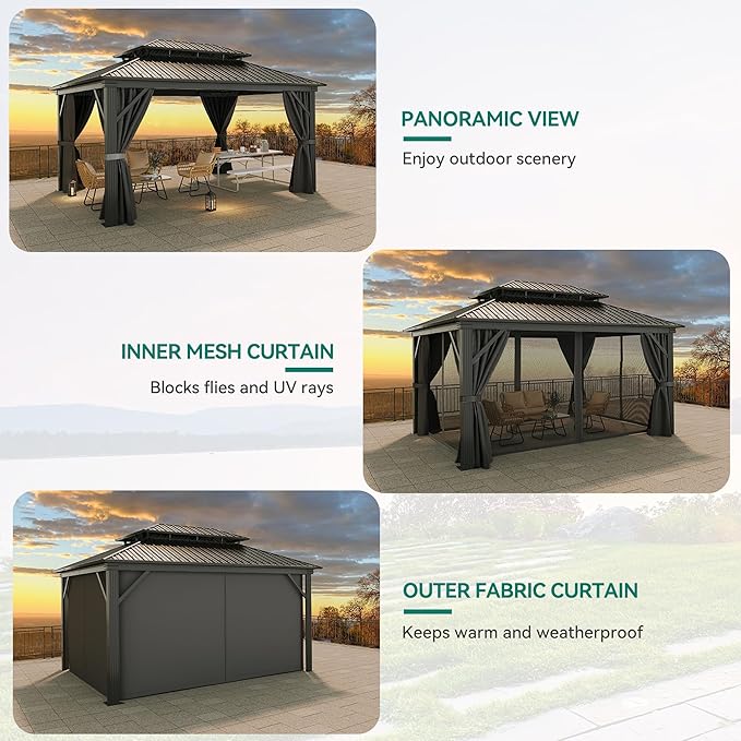 YITAHOME 12x16ft Hardtop Gazebo with Nettings and Curtains, Heavy Duty Double Roof Galvanized Steel Outdoor Combined of Vertical Stripes Roof for Patio, Backyard, Deck, Lawns, Gray