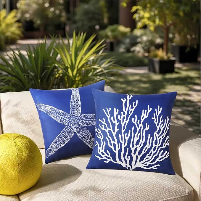 Adabana Spring Outdoor Waterproof Coastal Pillow Covers 18x18 Inch Set of 2 Nautical Starfish Coral Throw Pillow Covers Sunmmer Farmhouse Decorations for Beach Patio Sofa, Navy Blue