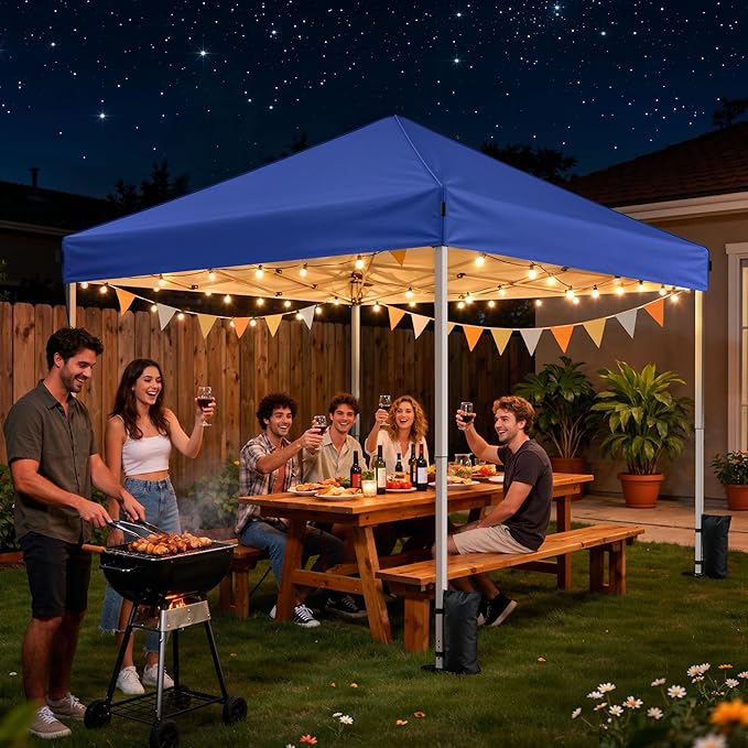 Driftalia 10x10 Pop Up Canopy Tent, Instant Setup Portable Canopy with Carry Bag, 4 Sandbags and 8 Stakes for Outdoor Events, Parties & Camping - Blue