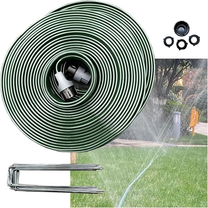Watoo 2026 Sprinkler Hose & Soaker Hose for Yard - 75 FT Reinforced Flat Garden Hose with Holes, Heavy Duty No-Kink Lawn Irrigation Hose (Includes Stakes, High Pressure Spray)