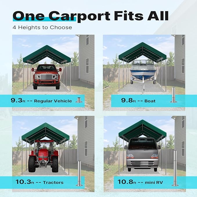ADVANCE OUTDOOR 10x20 ft Heavy Duty Carport Potable Car Canopy Garage Party Tent Boat Shelter, Adjustable Height from 9.5 ft to 11 ft, Green