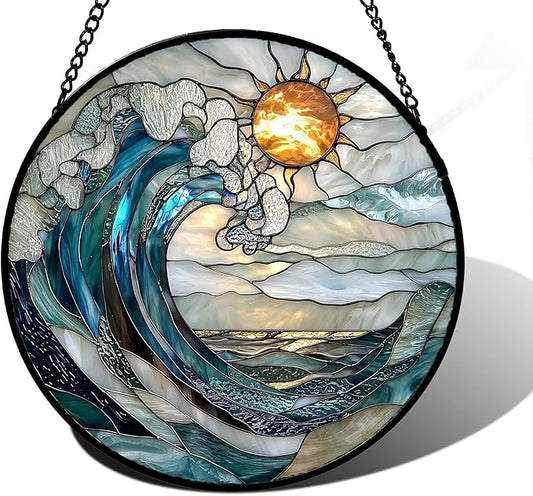 DASTOLL Stained Glass Window Hanging, Blue and White Waves Suncatcher Diamond Glass Panel Landscape Sun Catchers Decor for Birthday for Women, Men, Wife, Aunt, and Mom 9.8 in