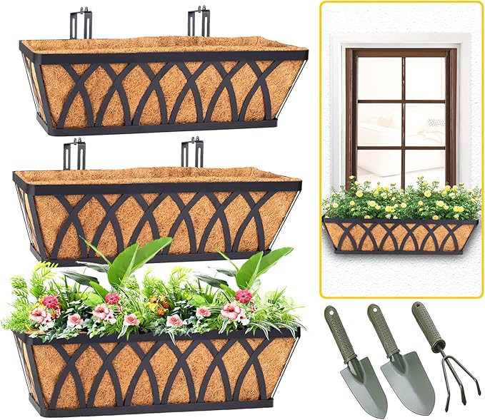 HKZ Deck Balcony Railing Planter Window Boxes - 3 Pack 30 Inch Planter Box, Balcony Planters Railing Hanging, Window Boxes Outdoor Fence Planters