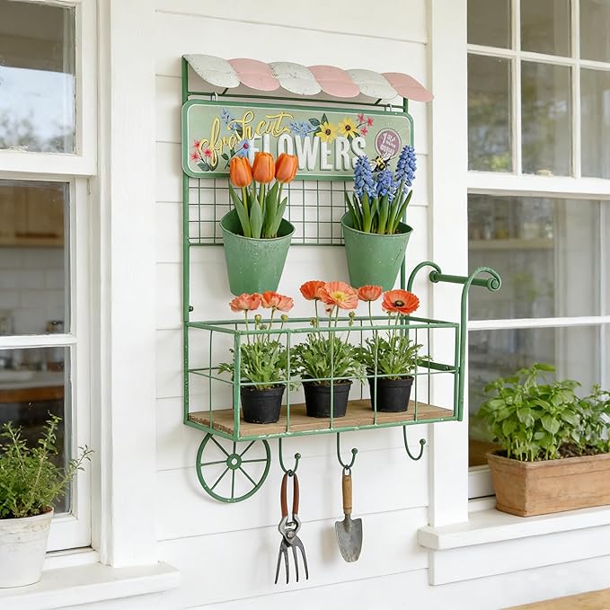 Vintage Wall-Mounted Flower Cart Organizer - Rustic Green Metal & Wood Hanging Planter with 2 Bucket Planters for Indoor/Outdoor Garden, Kitchen, Patio Decor