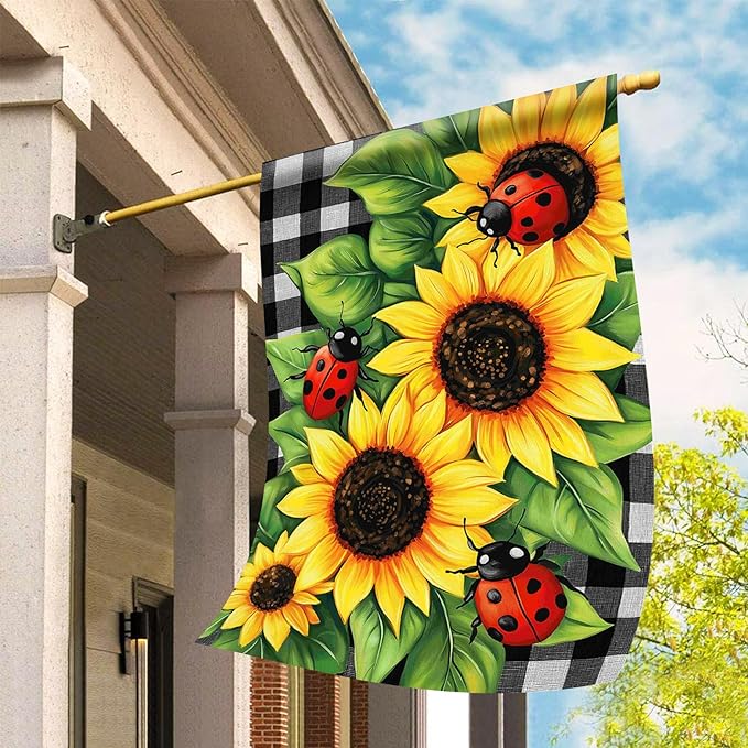 Morigins Spring Garden Flag Double Sided Ladybug Sunflower Flower Buffalo Plaid Farmhouse Yard Flag Summer Seasonal House Flag 28×40 inch