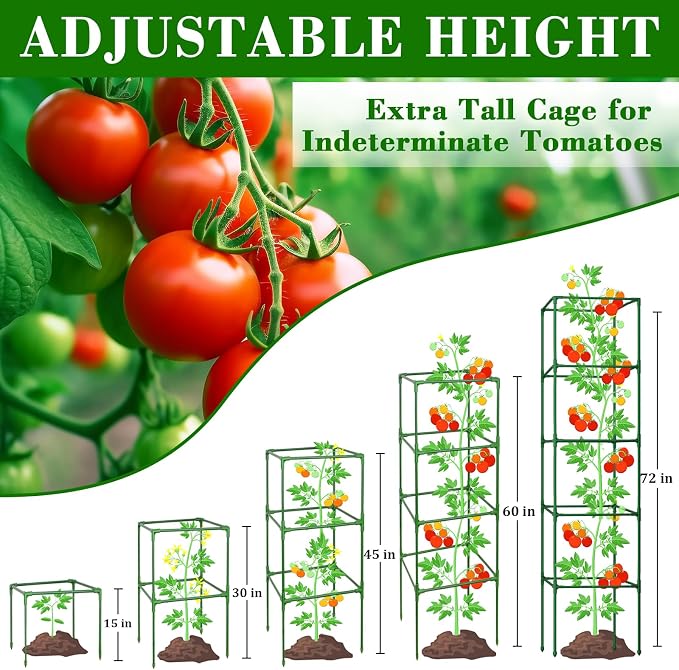 ZeeDix 72 Inches Heavy Duty Tomato Cages, 2 Pack Square Adjustable Tomato Trellis with 40Pcs Clips, Extra Tall Plant Support Stakes for Climbing Vegetables, Flowers, Raised Garden Bed & Pots