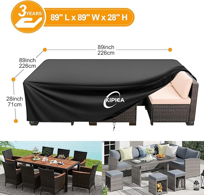 Kipiea Outdoor Furniture Covers Waterproof, 420D Heavy-Duty Patio Furniture Set Covers, No Tears Anti UV No Fading (89" L×89" W×28" H)