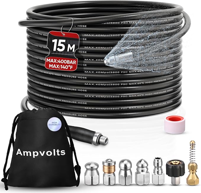 50FT Sewer Jetter Kit for Pressure Washer, 5800 PSI Drain Cleaning Hose with 5 Jet Nozzles & 2 Adapters, Compatible with Spray Guns and Power Washers, Ideal for Clogged Pipes and Drains
