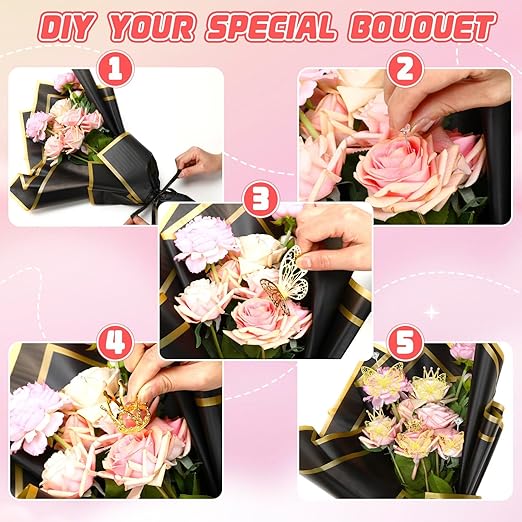 Floral Wrapping Paper Kit, 100 Sheets Valentines Bouquet Wrapping Paper 100 Flower Pins 60 Butterfly Decorations 8 Gold Crowns and 3 Ribbons for Florist Wrapping Supplies Wedding Mother's Day