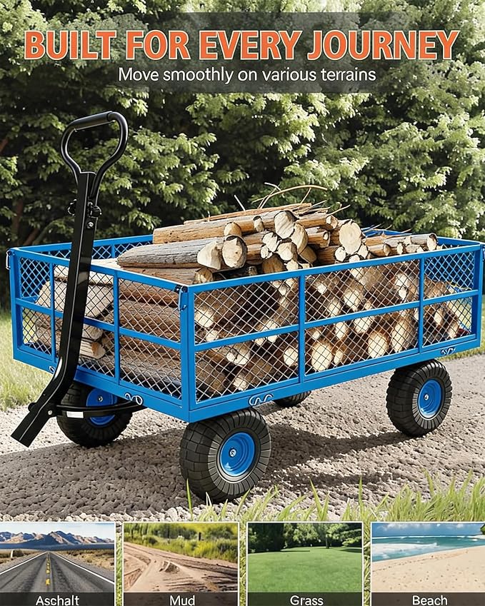 Garvee Steel Garden Cart, 1200 LBS Capacity Utility Outdoor Wagon, Heavy Duty Mesh Garden Wagon with Removable Sides, 2-in-1 Handle, 13" Tires for Yard, Lawn, Garden