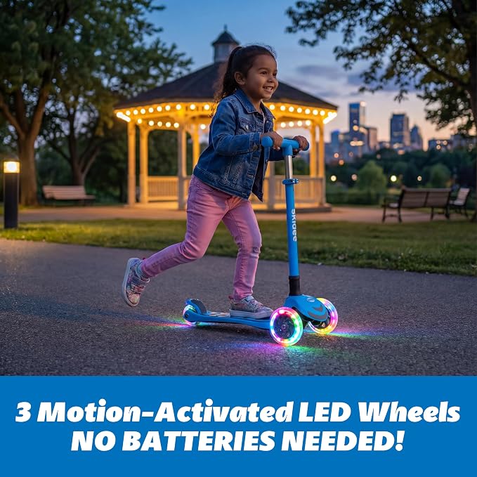SKIDEE Kick Scooter for Kids Ages 3-5 | Foldable 3 Wheel Scooter with Lean-to-Steer, Adjustable Height, Removable Seat & LED Light Wheels | Toddler Scooter Up to 12 Year Old Boys/Girls