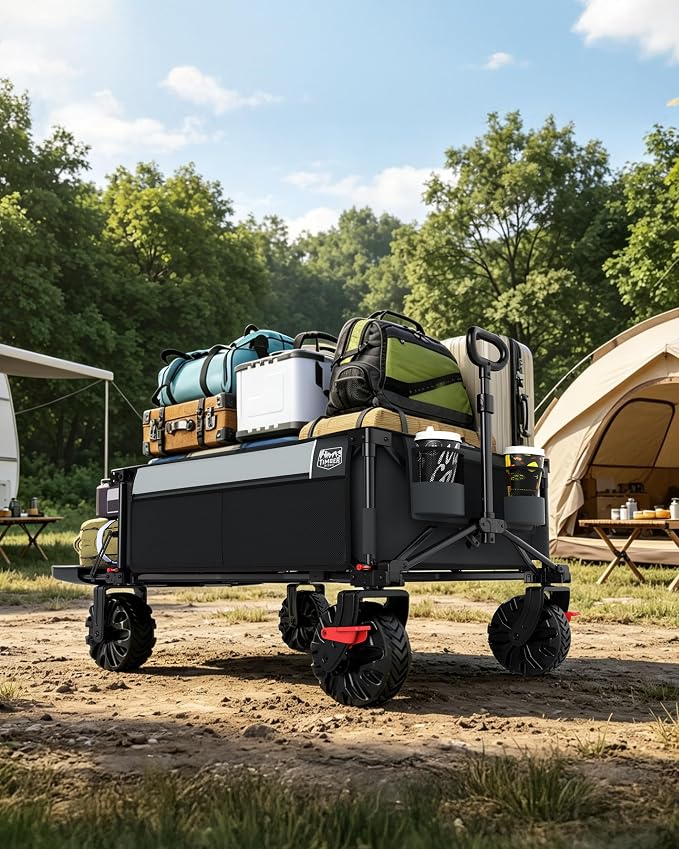 TIMBER RIDGE 600L Beast Wagon 26" W Extra Wide All Terrain Folding w/Big Wheels, Cargo Net & Tailgate, 26" W and 54.5" L, Capacity and 400lbs Heavy Duty Collapsible Portable Cart, Grey