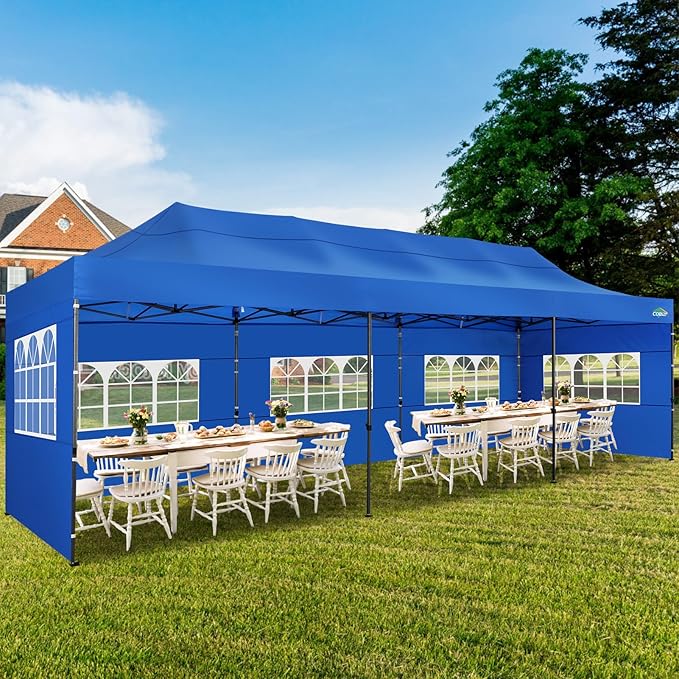 COBIZI 10x30 Pop up Carport 10x30 Canopy Tent with Sidewalls, Heavy Duty Party Tent Tents for Parties, Foldable UPF 50+ Waterproof Commercial Easy up Canopy with Wheeled Bag, Blue