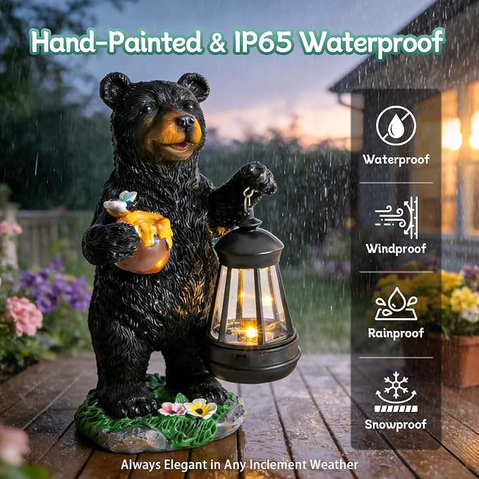 Pohabery Solar Bear Garden Statue with Lantern, Resin Bear Figurine for Outdoor Yard Lawn Porch Pathway Decor