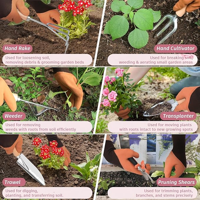 22PCS Garden Tools Set for Women,Mothers Day Garden Gifts for Mom Beginner,Heavy Duty Hand Tool Kit Gardening Supplies Included Handy Tote Bag/Trowel/Repotting Mat/Rake/Pruner/Gloves/Plant Tags -Pink