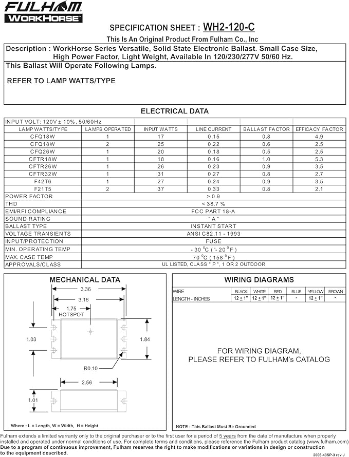 Fulham Workhorse WH2-120-C Electronic Ballast, 120V Instant Start, Multi-Lamp T5/T6/T8/CFL Compatible, Class P, cUL Listed, 1 or 2 Lamp