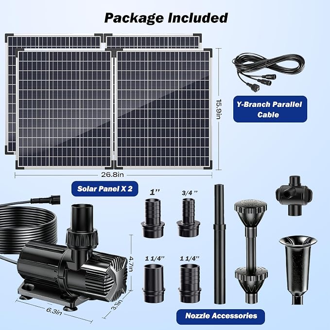 Antfraer 120W Solar Pond Pump, 1600GPH Solar Water Fountain Pump with Dual Solar Panel, 3 Spray Nozzles, Dry-Run Protection,Solar Water Pump for Large Pond, Koi Pond,Garden Waterfall Water Features