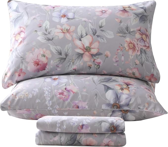 QSH Gray Floral Egyptian Cotton Sheets King Size,Luxury Silk Feel Botanical Flowers Pattern Printed Bed Sheets Sets King Size Aesthetic Soft and Breathable 17.5" Deep Pockets Bedding Sheets 4pcs