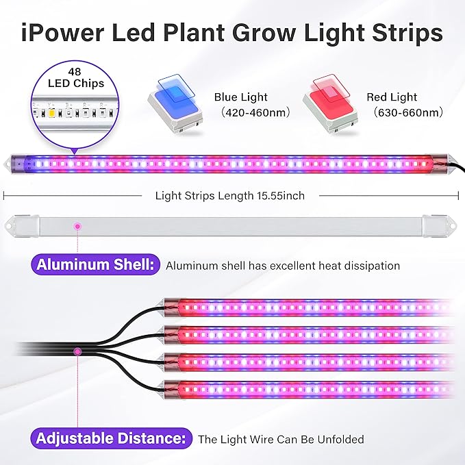 iPower LED Grow Light Strips Full Spectrum for Indoor Plants with Auto ON/Off 3/9/12H Timer, 10 Dimmable Levels 48 LEDs Per Tube, Sunlike Grow Lamp for Hydroponics Succulent, 1 Pack, Red&Blue, 4 Tubes