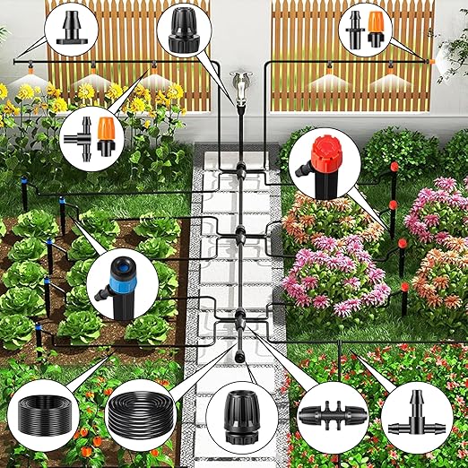 250FT Drip Irrigation System Kit, Automatic Drip Irrigation Kit with 1/2 inch Hose 1/4 inch Distribution Tubing and Accessories for Greenhouse, Yard, Lawn