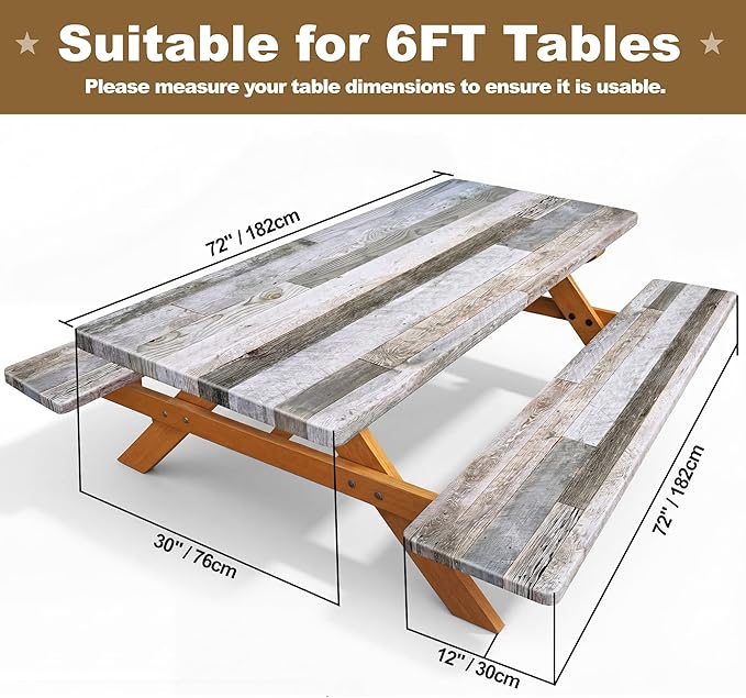 Picnic Table Cover with Bench Covers 6FT Farmhouse Waterproof Windproof Fitted Outdoor Wood Tablecloth with Elastic Rectangle Table Cloth Camping Essentials (Brown)