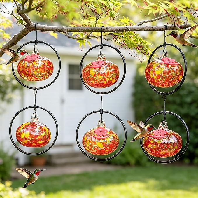 QFkris Set of 6 Blown Glass Hummingbird Feeder for Outdoors Hanging, Small Hummingbird Feeder with Flower Feeding Ports for Outside Garden Backyard Decor, Gardening Gifts for Women Mom(Orange)