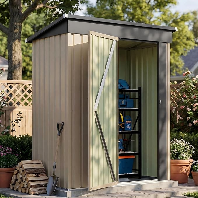 Patiowell 5x3 FT Outdoor Storage Shed with Floor Frame, Small Metal Garden Sheds with Sloping Roof and Lockable Door, Waterproof Patio Tool Shed for Backyard Garden Lawn, Brown
