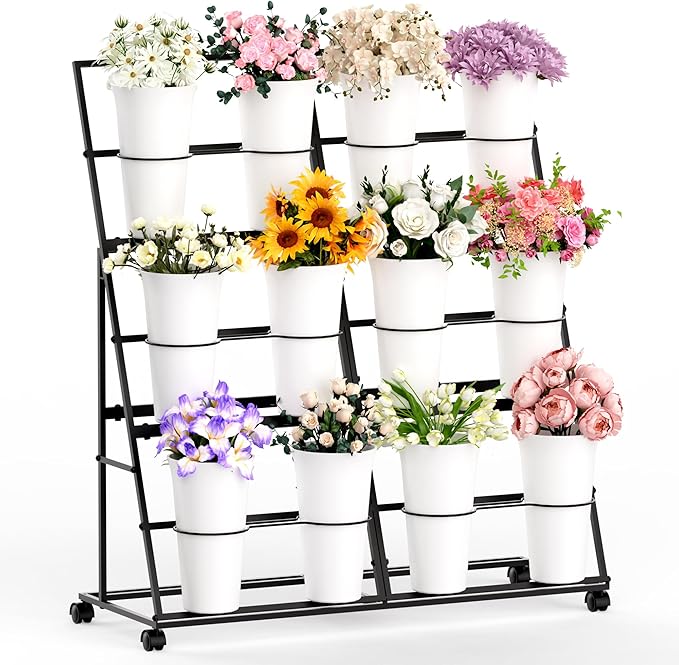 Invech Flower Display Stand with 12 Buckets and Wheels, 3 Tier Flower Cart Display Stand for Indoor Outdoor Garden, Wedding, Flower Shop (Black)