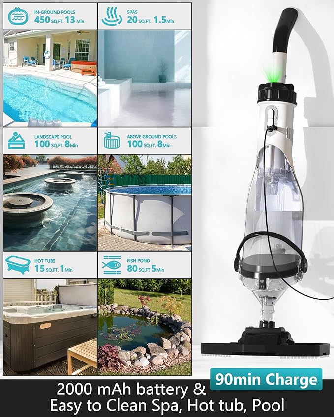 Cordless Pool Vacuum for Above Ground Pool 19.5 GPM, All-Angle Head&LED Display,Handheld Rechargeable Spa Vacuum Cleaner for Inground Pools for Hot Tub, Leaves,Debris,Shallow Steps