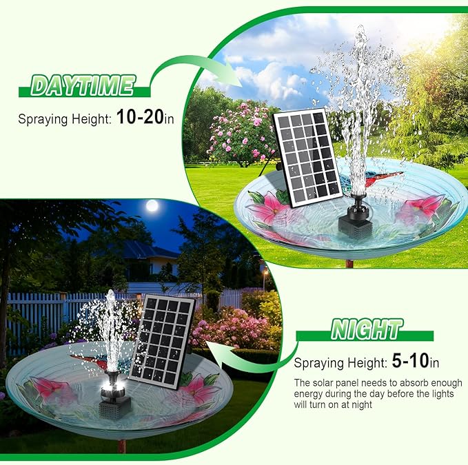 Jutai Solar Fountain Kit White Lights,3.5W Glass Solar Water Pump with 2000mAH Battery, Solar Bird Bath Fountain with Sucker and Stake for Garden, Outdoor, Water Feature-16.4ft Power Cord,7 Nozzles