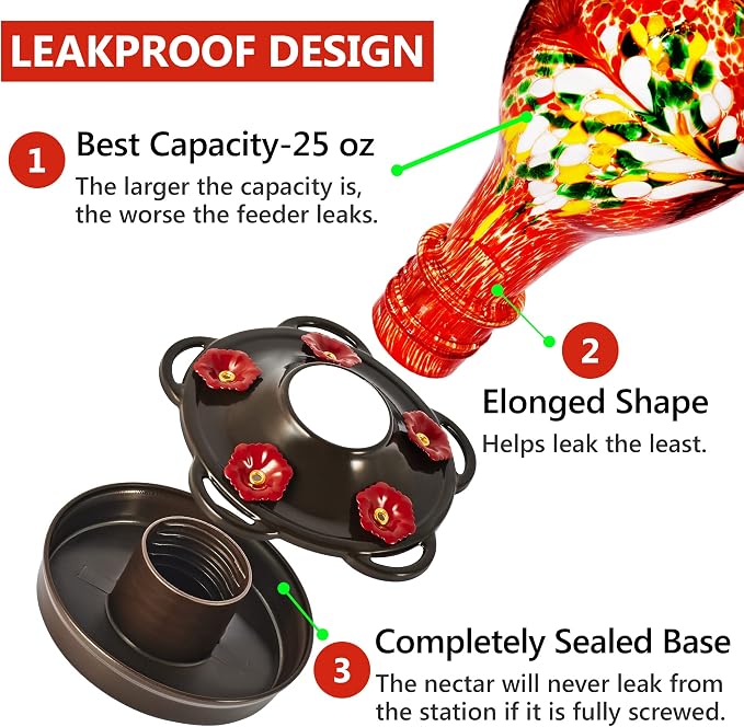 LUJII Hummingbird Feeder for Outdoors, Hand Blown Glass Humming Bird Feeder, Anti Fade Leakproof with 25 Ounces Nectar Capacity, Easy to Install Clean Refill, Include Hook & Ant Moat (Red)