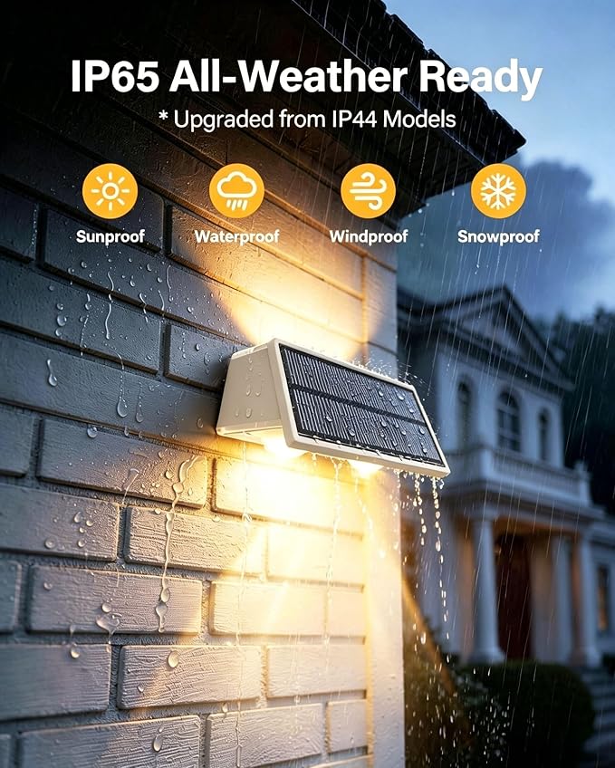 Solar Fence Lights Outdoor, 100LM Fence Lights Solar Powered, 9 Color Modes, Up and Down LED Focused Beam, 12H Dusk to Dawn Glow for Pool/Patio/Wall/Backyard - 2 Pack, Pure White