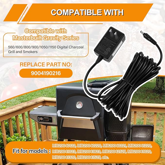 Upgrade Power Adapter Replacement for Masterbuilt Gravity Series 560/600/800/900/1050/1150 Digital Charcoal Grill + Smokers, 9004190216 Power Supply Replacement Parts with 16 FT Long 18 AWG Cord