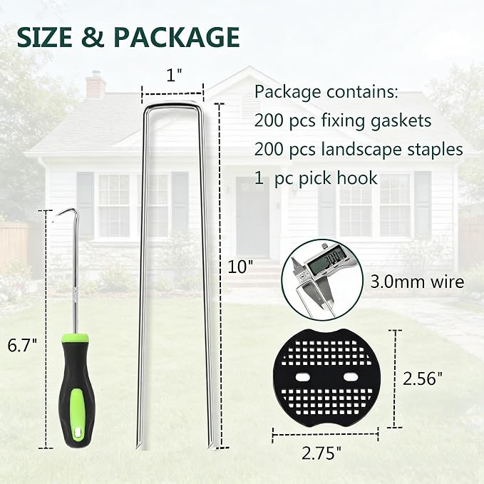 10 Inch 200 PCS Galvanized Landscape Staples with 200 PCS Gasket, Landscape Fabric Pins Stakes Lawn Ground Cover Graden Staples Spikes Weed Barrier Stakes