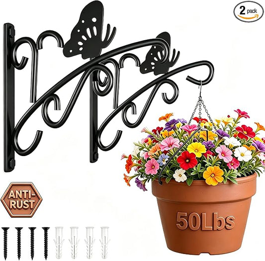 AMAGABELI GARDEN & HOME 2 Pack Hanging Plant Hanger Outdoor 11 inch Metal Hanging Brackets Fence Wall Hooks for Flower Baskets Bird Feeders Lanterns Wind Chimes Rust-Resistant Black