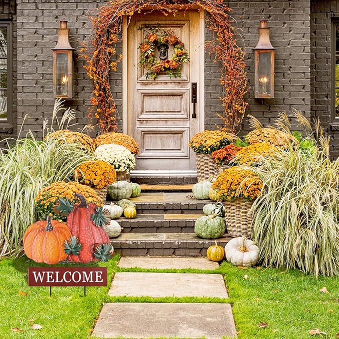 YEAHOME Fall Decorations for Home Outdoor, 22" Decorative Garden Stakes with 2 Pack Pumpkin Welcome Sign Fall Decor, Metal Yard Sign for Outside Garden Yard Lawn Patio Backyard Porch Decorations