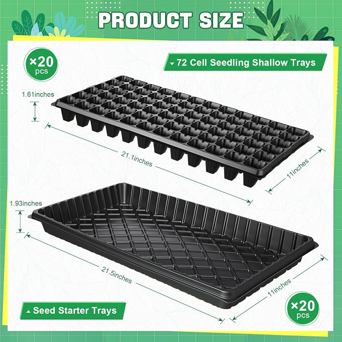 Vesici 40 Pack Seed Starter Trays and 72-Cell Plug Trays Sturdy Plastic Seedling Nursery Bundle for Microgreens, 1020 Tray Germination, Plant Propagation and Seed Starting & Transplanting