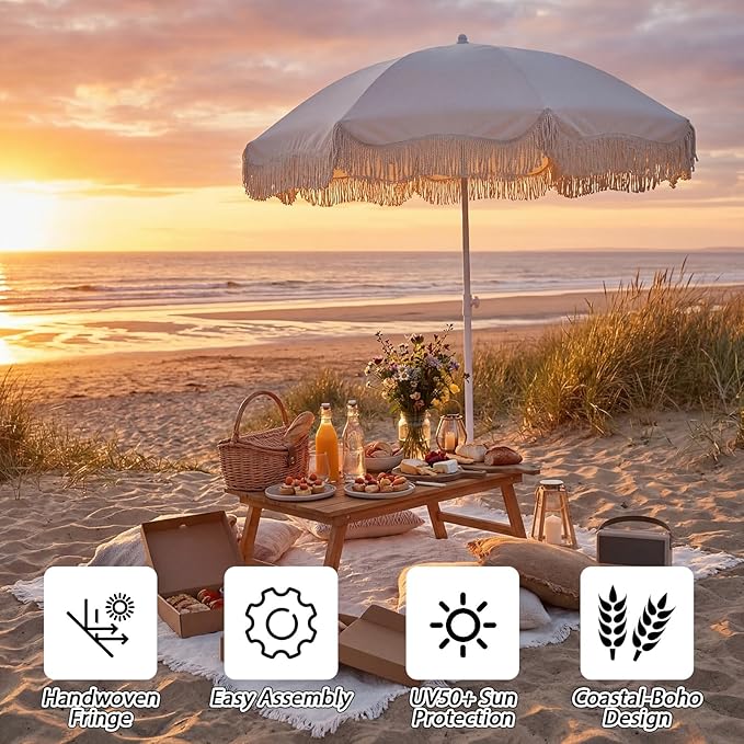 6.5 Ft Fringe Patio Umbrella and 71"x 91" Extra Large White Picnic Blanket UPF50+ Outdoor Tassels Ruffles Beach Umbrella with Steel Pole for Camping Patio Lawn Beach Park