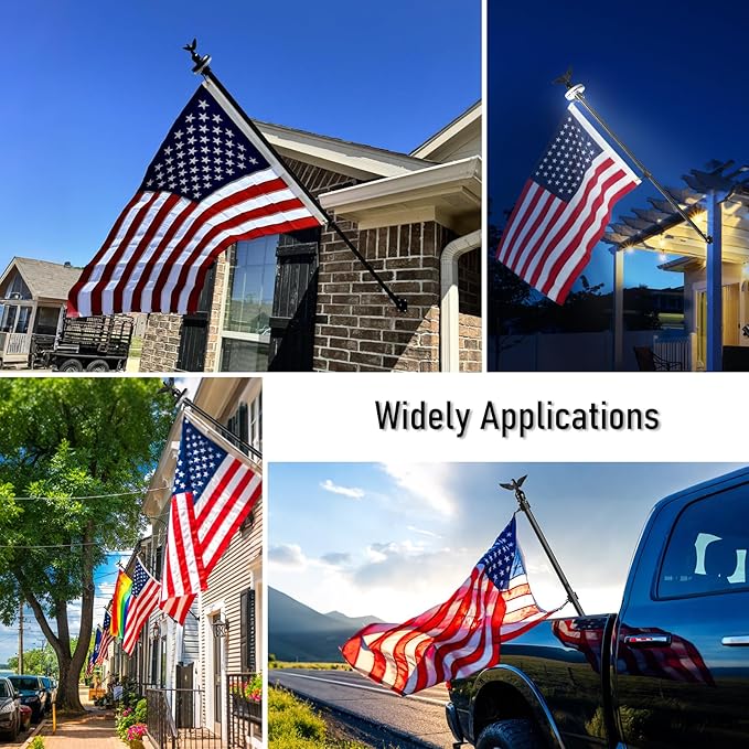 LETSTRY 6FT Flagpole Kit for House with Solar Light and Adjustable Bracket, 1' Thickened Stainless Steel Outside Wall Mount Flagpole for 3x5' American Flag, for Residential, Outdoor or Porch, Black
