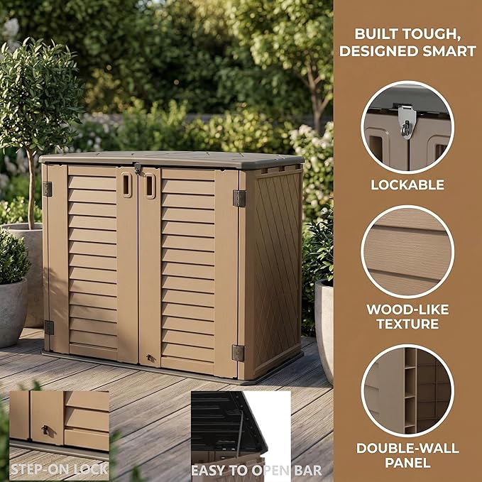 Outdoor Storage Cabinet, 34 Cu. Ft Horizontal Resin Storage Shed for Trash Cans/Garden Tools/Backyard/Pool, Weatherproof & Lockable, No Shelf Included (Brown)