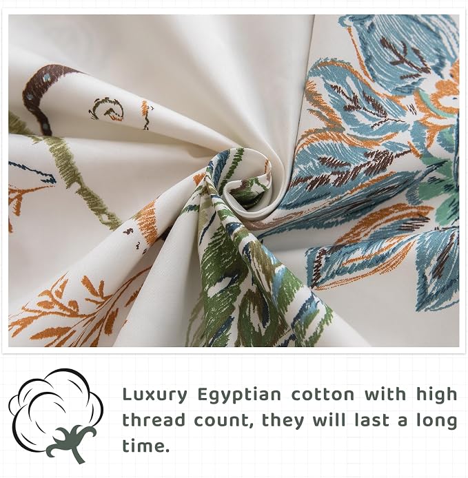 QSH Floral Bed Sheets Queen Size - 100% Egyptian Cotton Sheets Elegant Botanical Leaves Flower Pattern Printed Bedding Sheets Queen Size Bed Extra Soft and Breathable 4pcs Deep Pockets Bed Sheets