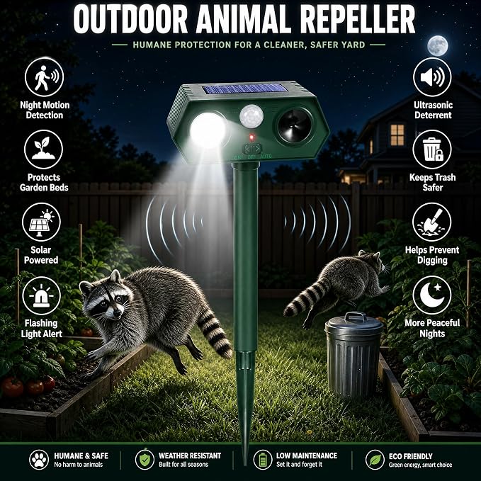 Sonic Fortress Pro Deer Repellent Devices, IP65 Solar Ultrasonic Racoon Squirrel Repellent Outdoor Motion Activated Animal Repeller Cat Deterrent Light to Scare Rabbit Dog Skunk Out of Garden Yard(4)