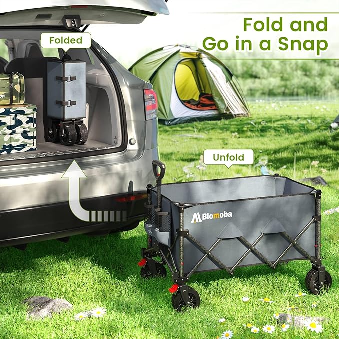 Blomoba Collapsible Wagon Cart with Wider Wheels, 330lbs Heavy Duty Foldable Beach Wagon with Auto-Rebound Handle, 180L Utility Grocery Shopping Cart for Garden, Shopping, Camping, Sports, Gray